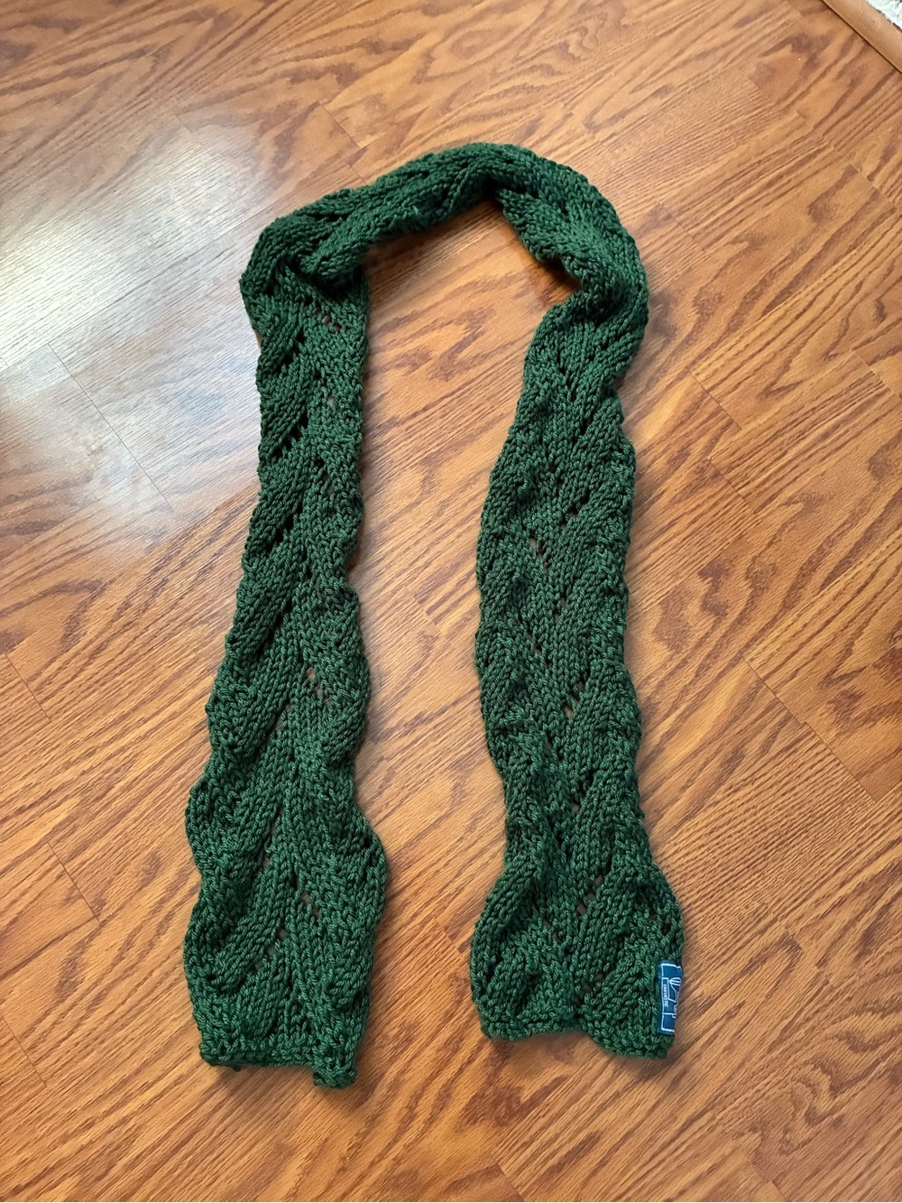 Handcrafted openwork lace knit Green Knit Scarf with handmade tag